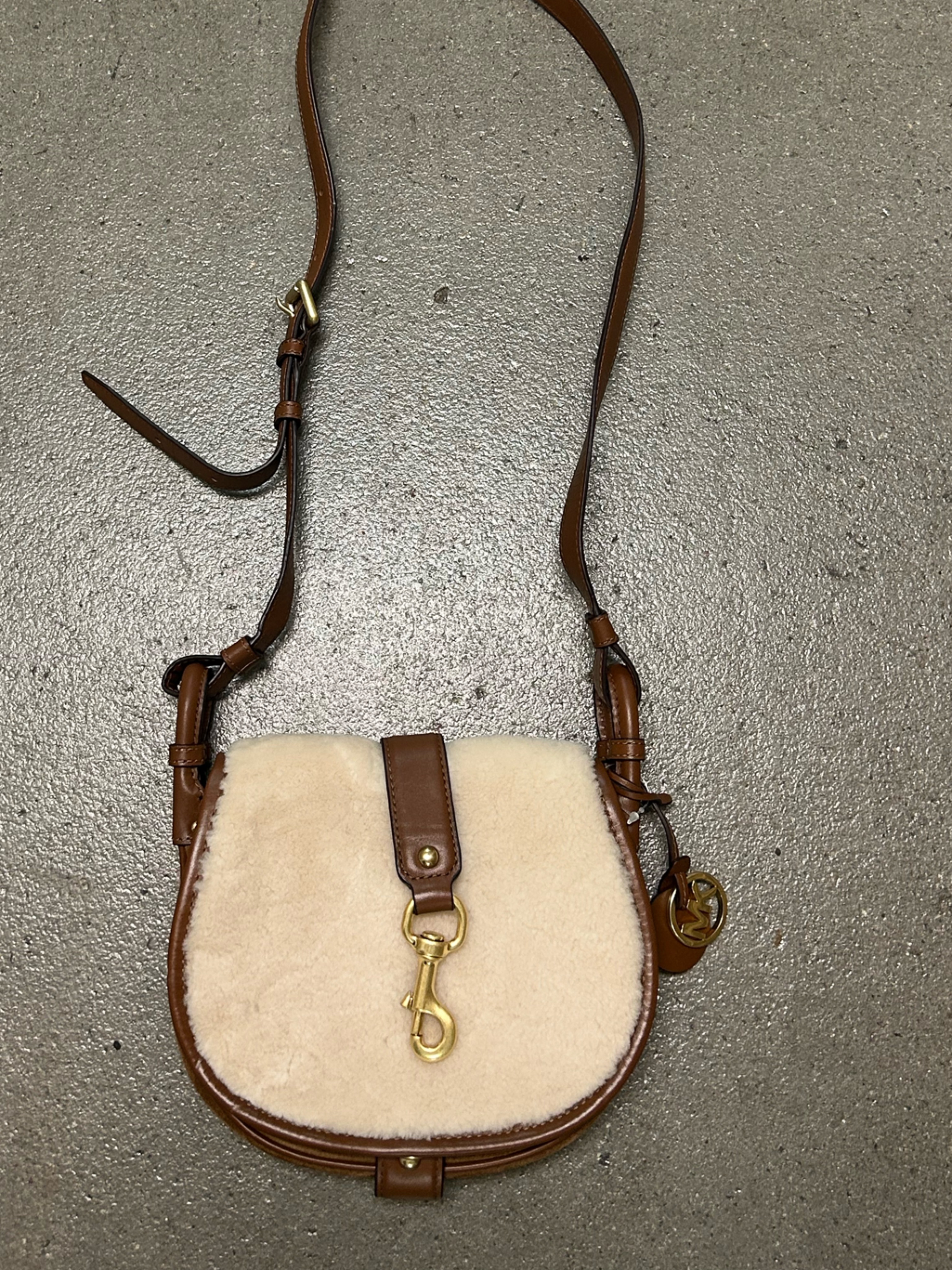 Nwt Michael Kors Brown Leather And Cream Shearling Crossbody Saddle Bag